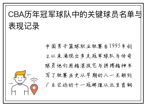 CBA历年冠军球队中的关键球员名单与表现记录